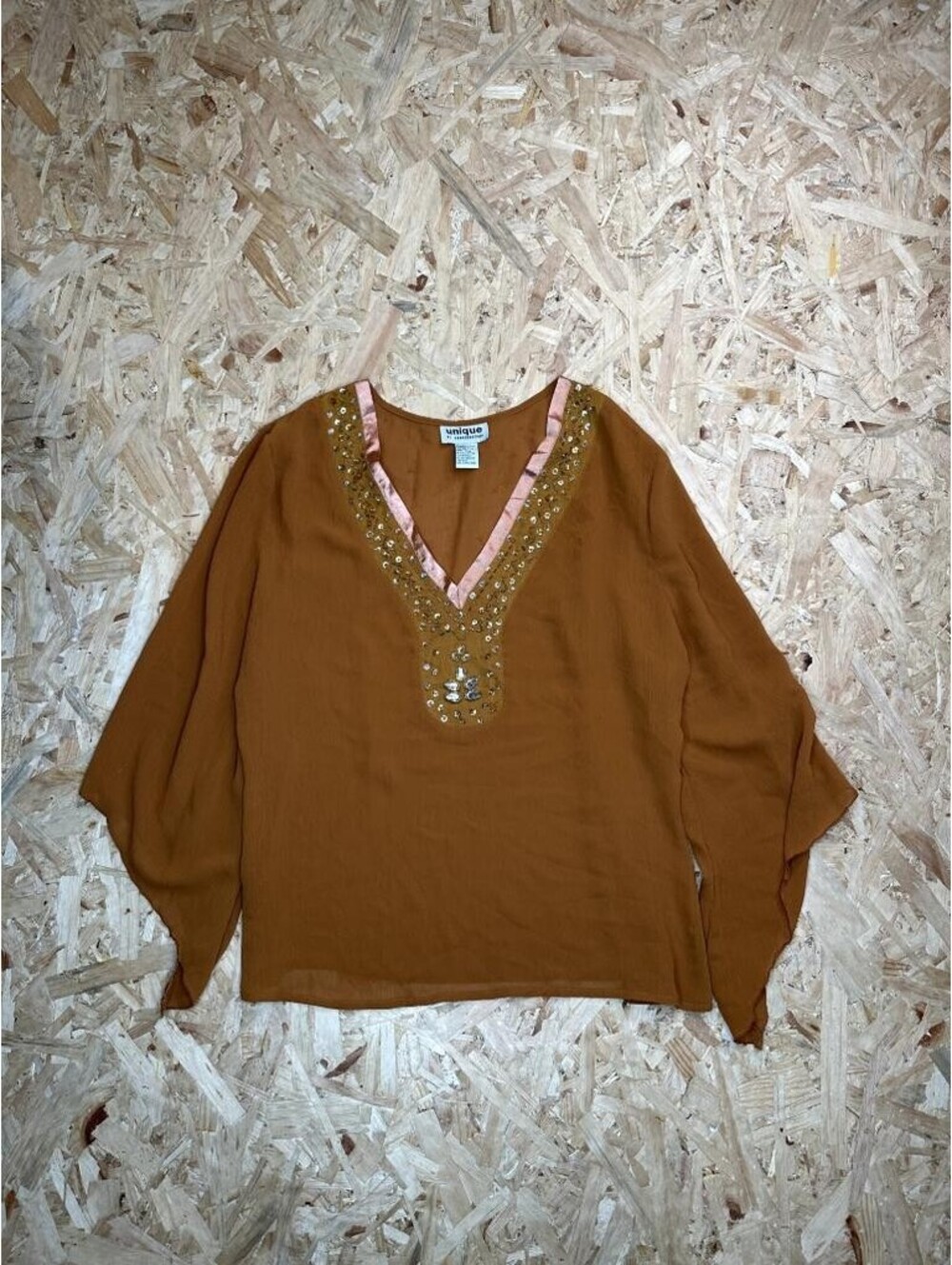 Unique by Spectrum Blouse Womens XL Brown Beaded V-Neck Chiffon Bell Sleeve Top